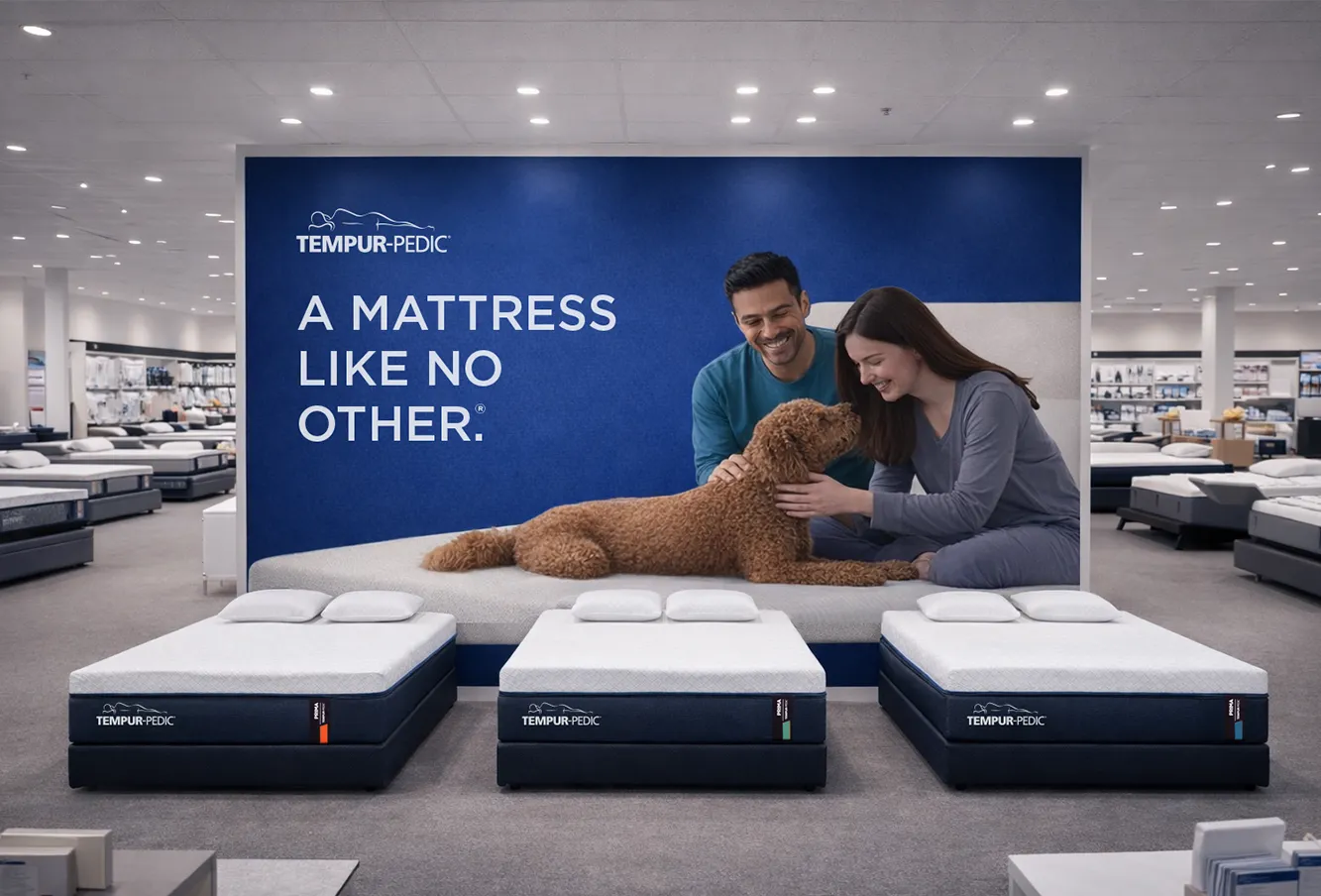 Tempur-Pedic large format retail wall display featuring a couple and dog