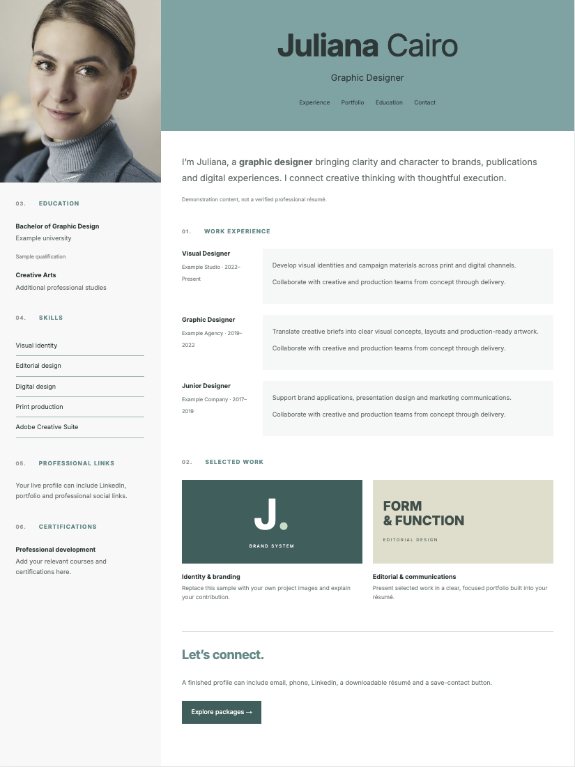 Juliana Cairo web résumé sample with a portrait, experience, skills and portfolio