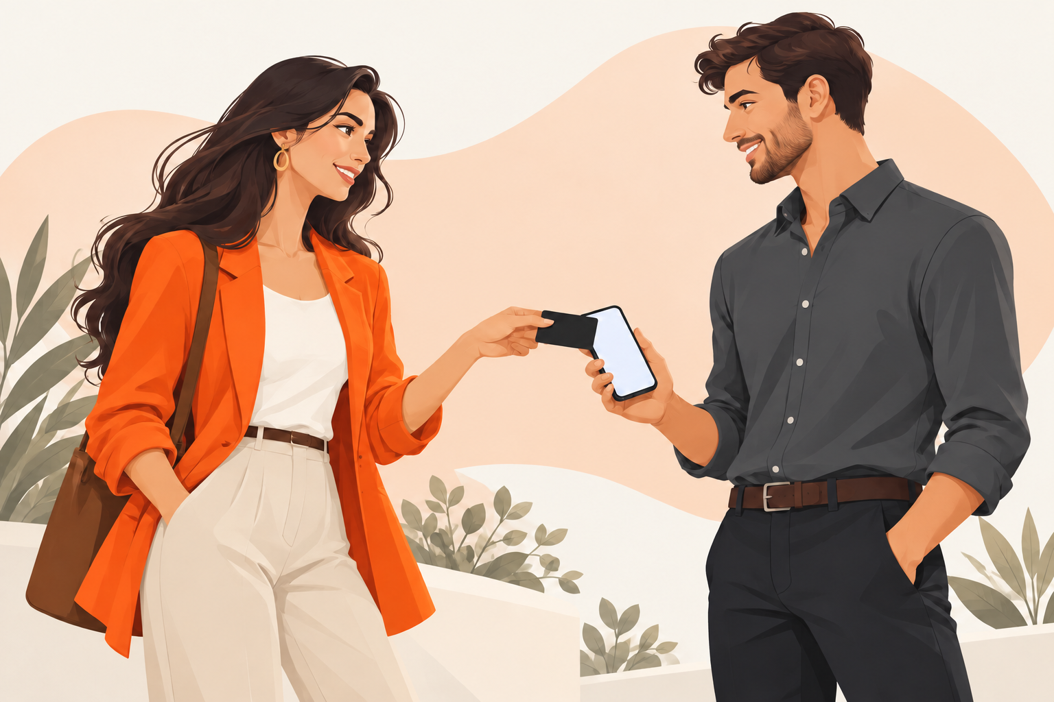 A woman sharing her NFC card with another professional’s phone