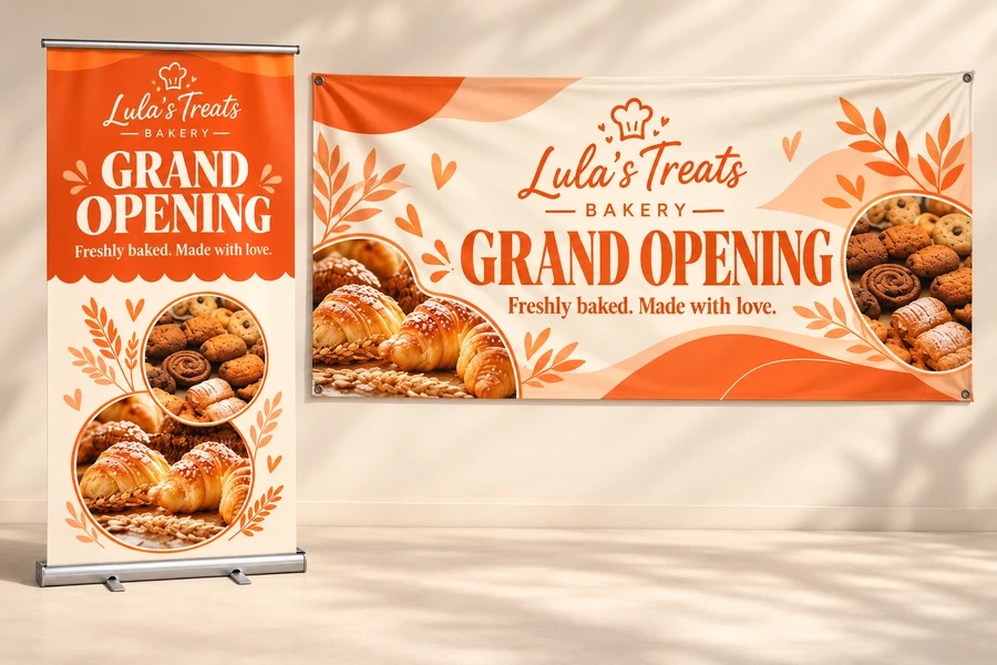 Lula’s Treats Bakery grand opening pull-up banner and matching wall banner