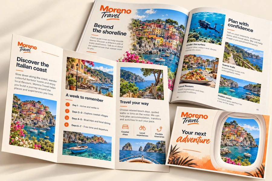 Moreno Travel brochure with itinerary, open catalogue and postcard