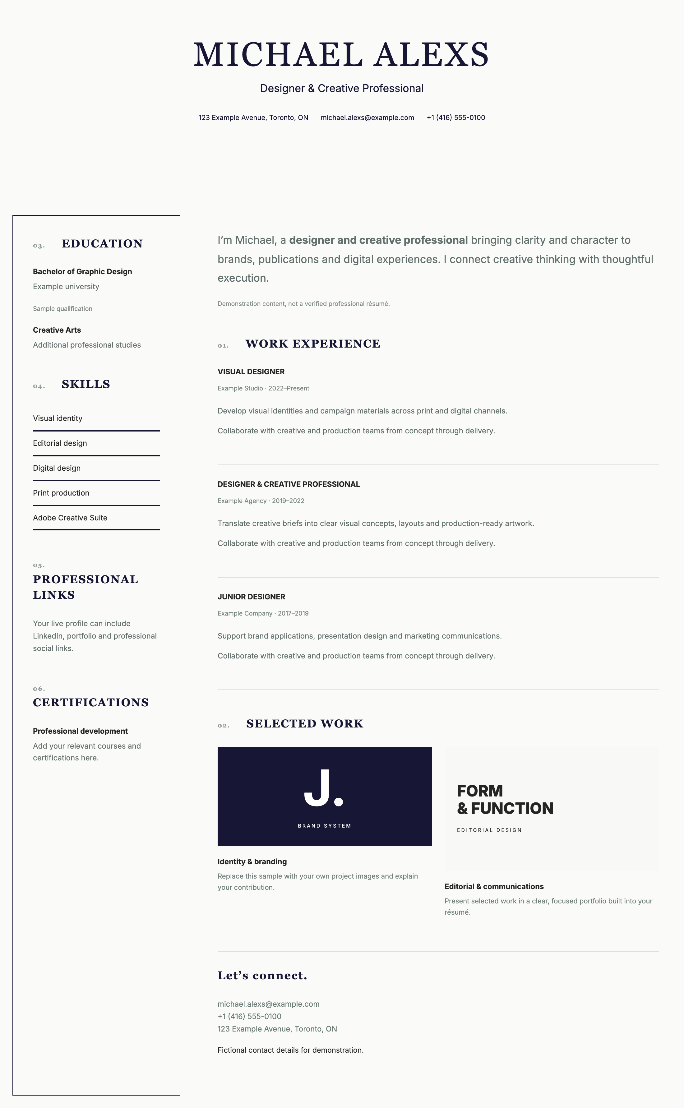 Formal web résumé layout
